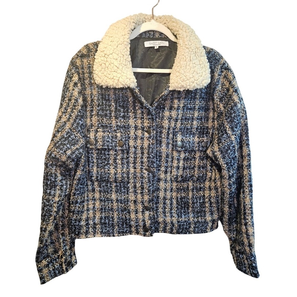 Women's XL Plaid Tweed Jacket with Faux Sherpa Collar #375